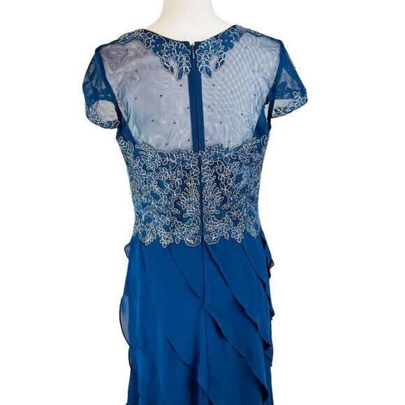 XSCAPE‎ Blue Sheer Cap Sleeve Floral Dress Gown 10 Tiered Ruffles Wedding Prom - Picture 6 of 16